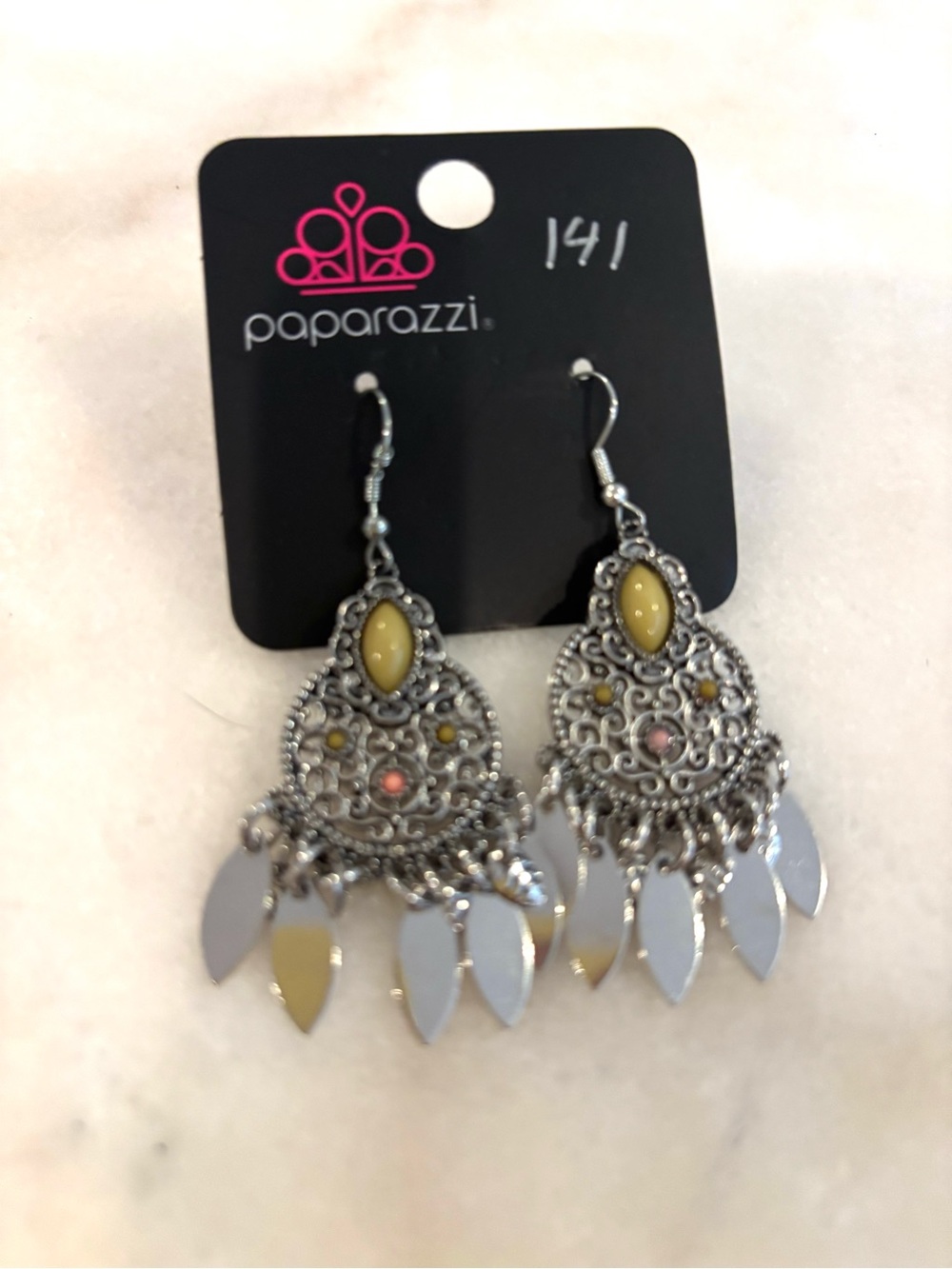 paparazzi Silver Filigree Dangle Earrings with Yellow Accents